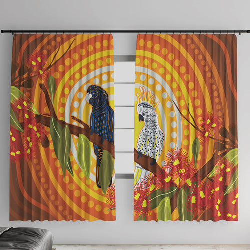 Black and White Cockatoo Birds Aboriginal Art Window Curtain