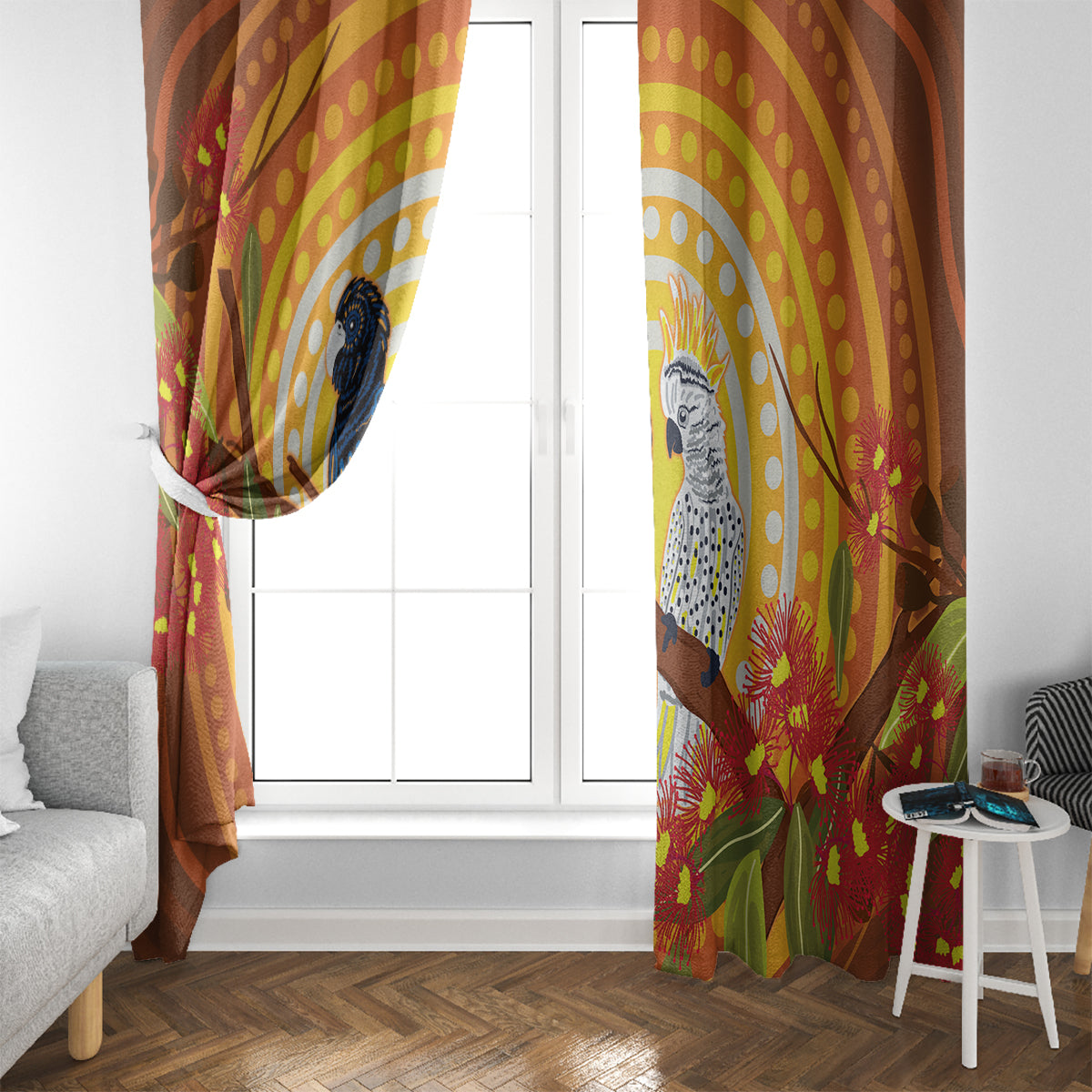 Black and White Cockatoo Birds Aboriginal Art Window Curtain