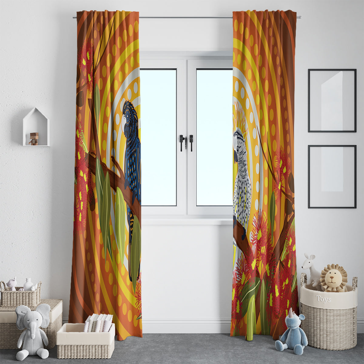 Black and White Cockatoo Birds Aboriginal Art Window Curtain