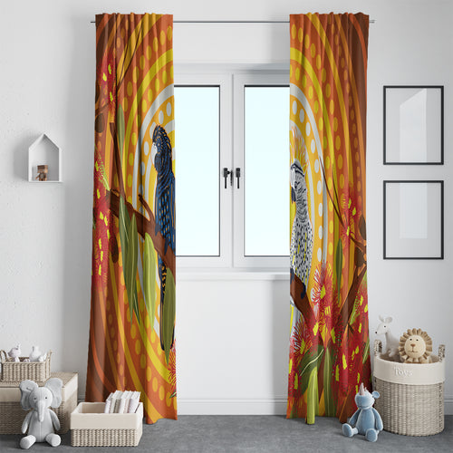 Black and White Cockatoo Birds Aboriginal Art Window Curtain
