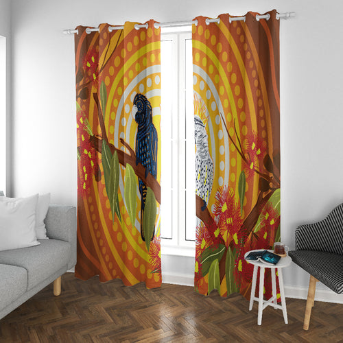 Black and White Cockatoo Birds Aboriginal Art Window Curtain