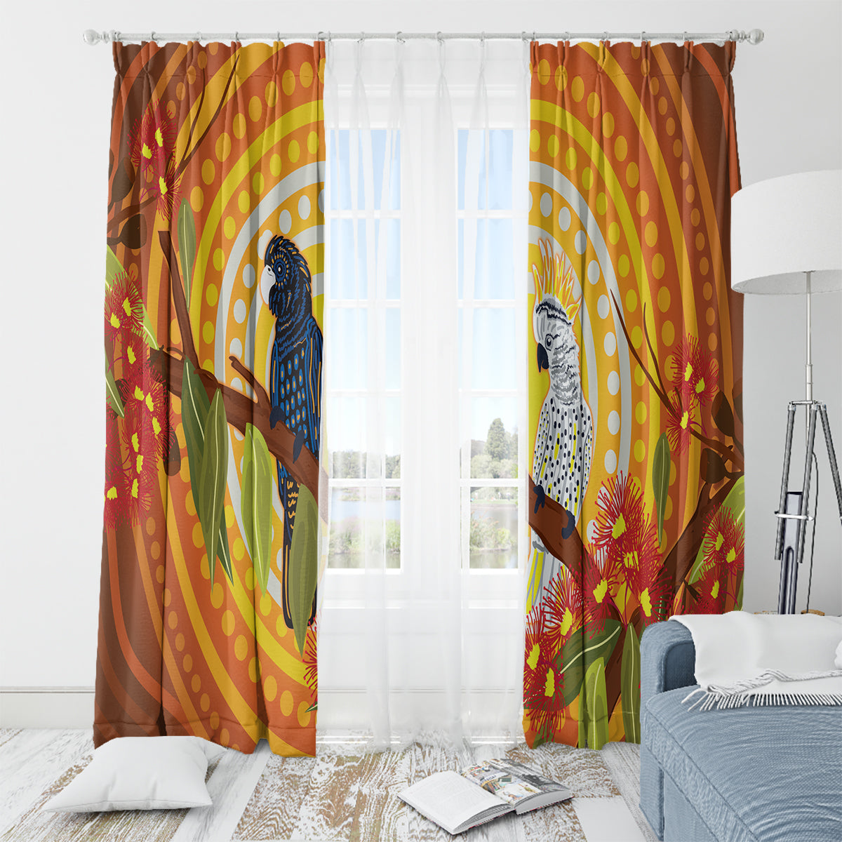 Black and White Cockatoo Birds Aboriginal Art Window Curtain