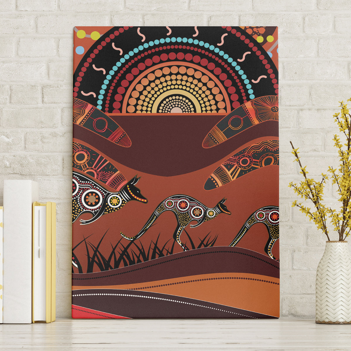 Bomerang and Kangaroo Aboriginal Art Canvas Wall Art