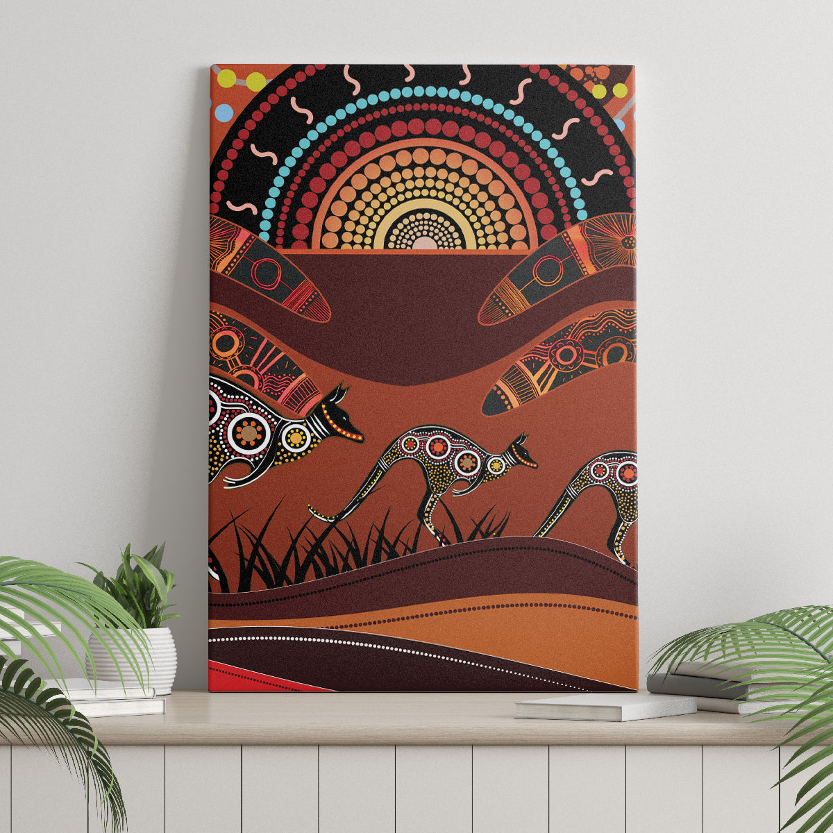 Bomerang and Kangaroo Aboriginal Art Canvas Wall Art