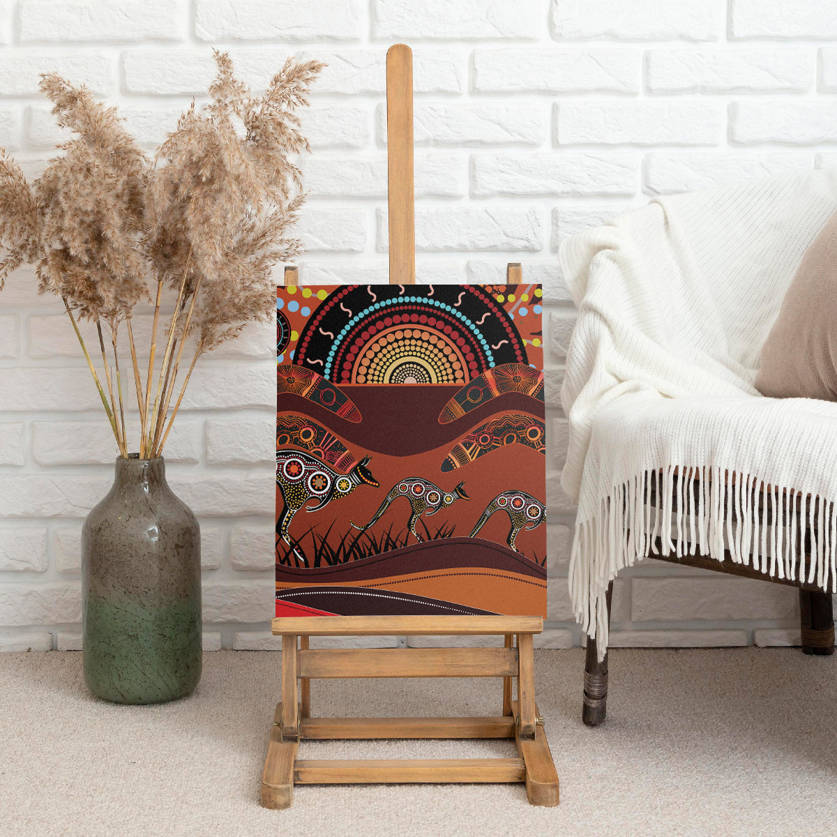 Bomerang and Kangaroo Aboriginal Art Canvas Wall Art