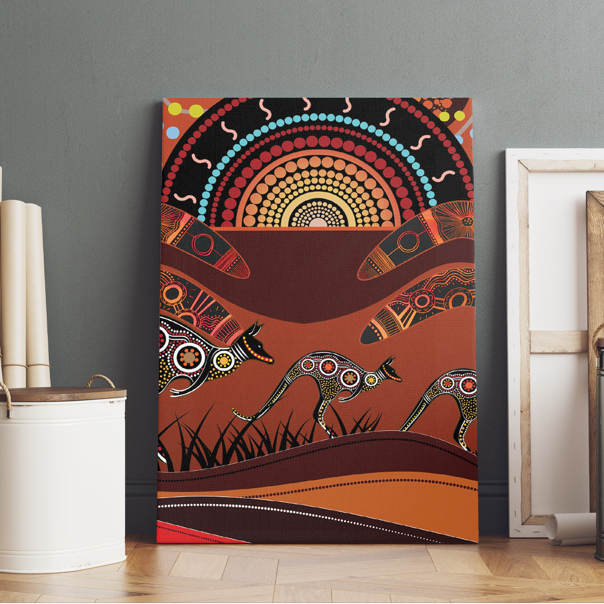 Bomerang and Kangaroo Aboriginal Art Canvas Wall Art