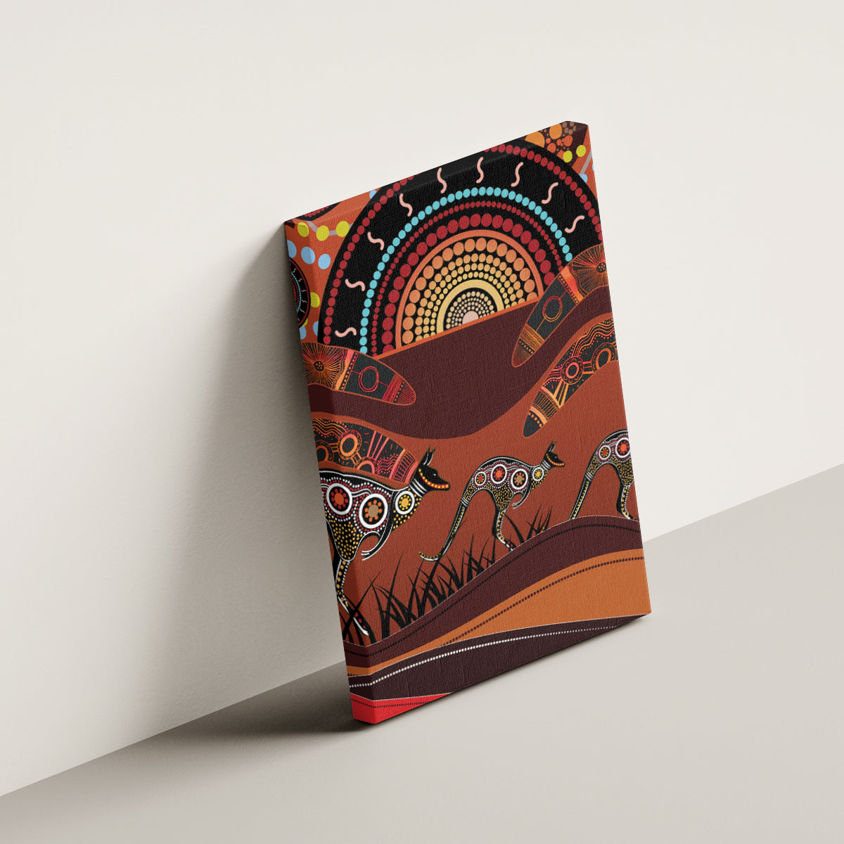 Bomerang and Kangaroo Aboriginal Art Canvas Wall Art