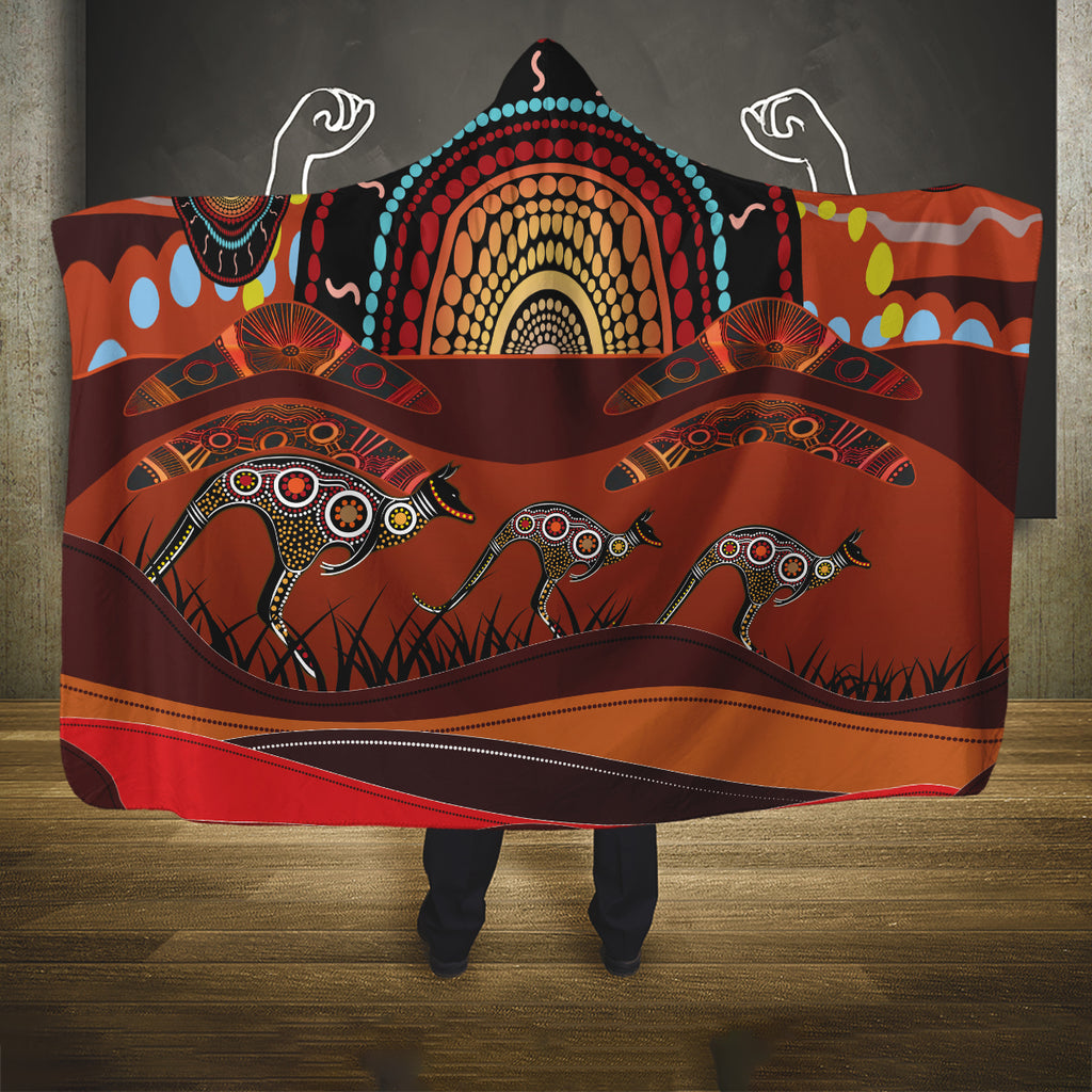 Bomerang and Kangaroo Aboriginal Art Hooded Blanket