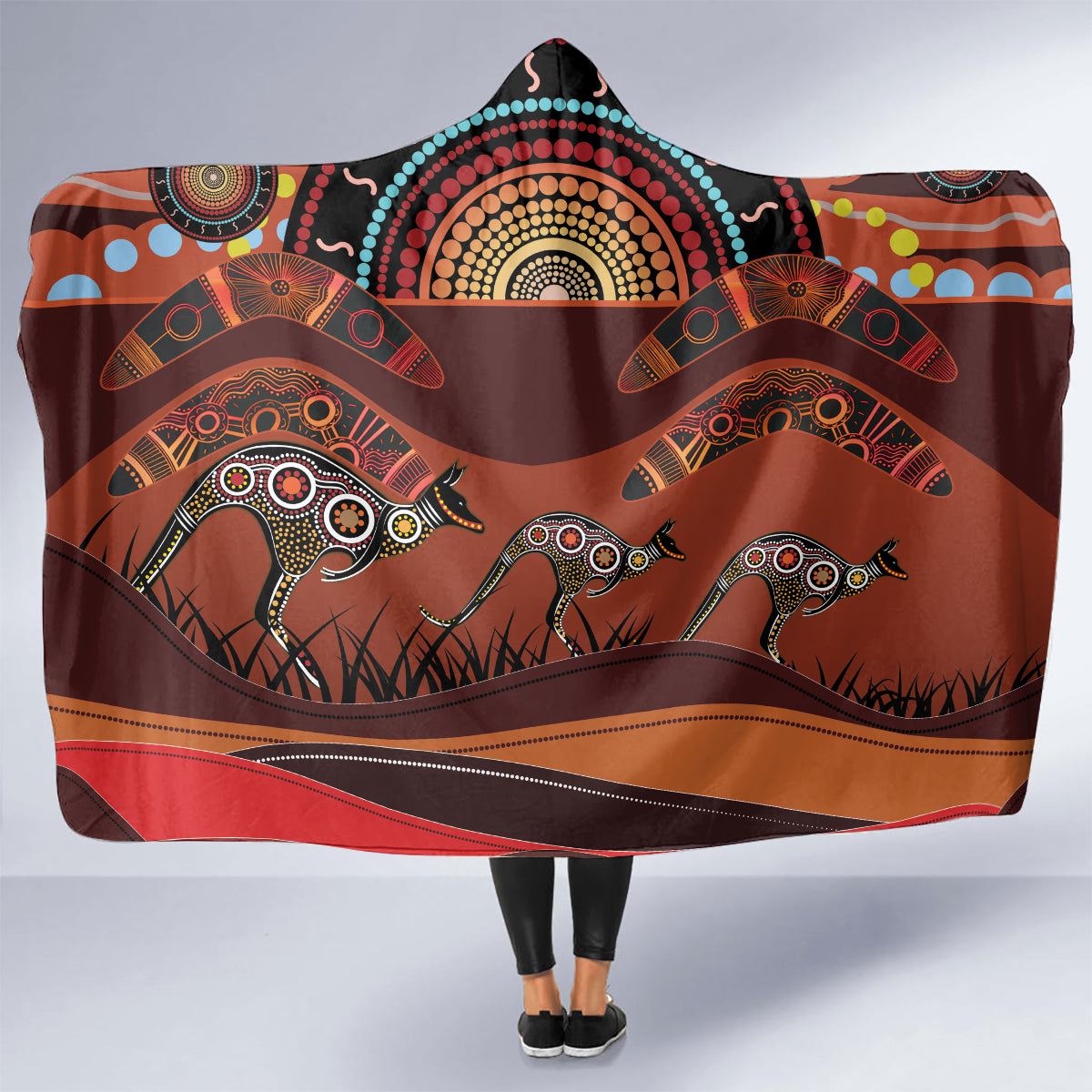 Bomerang and Kangaroo Aboriginal Art Hooded Blanket