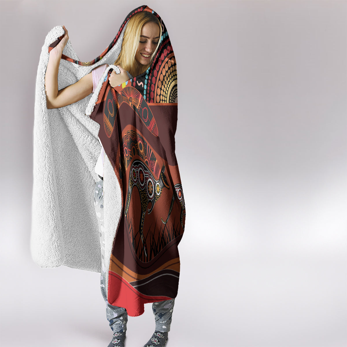 Bomerang and Kangaroo Aboriginal Art Hooded Blanket