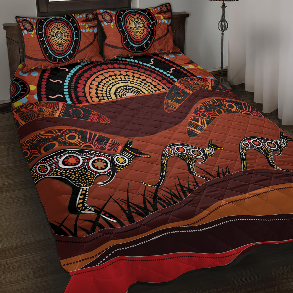Bomerang and Kangaroo Aboriginal Art Quilt Bed Set