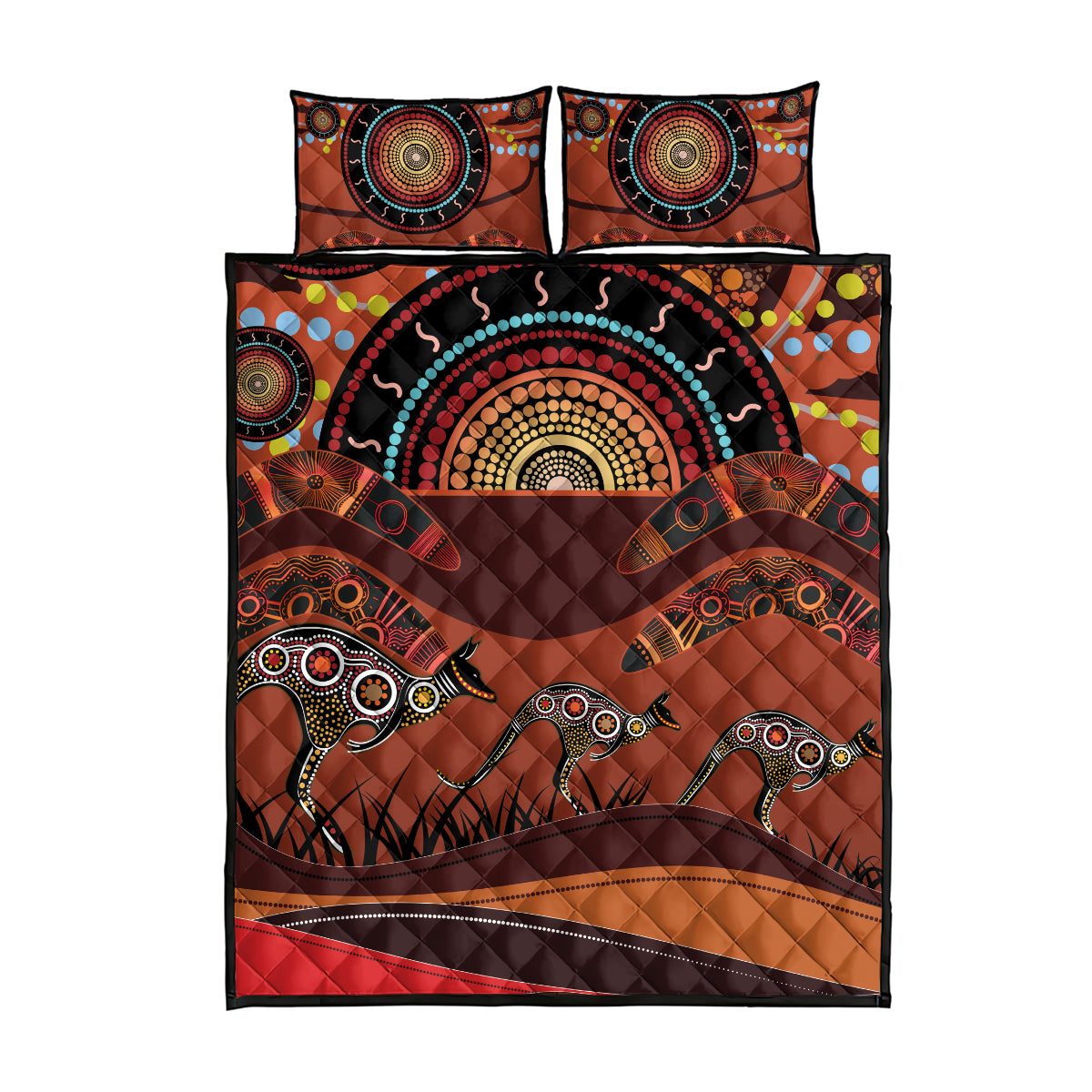 Bomerang and Kangaroo Aboriginal Art Quilt Bed Set
