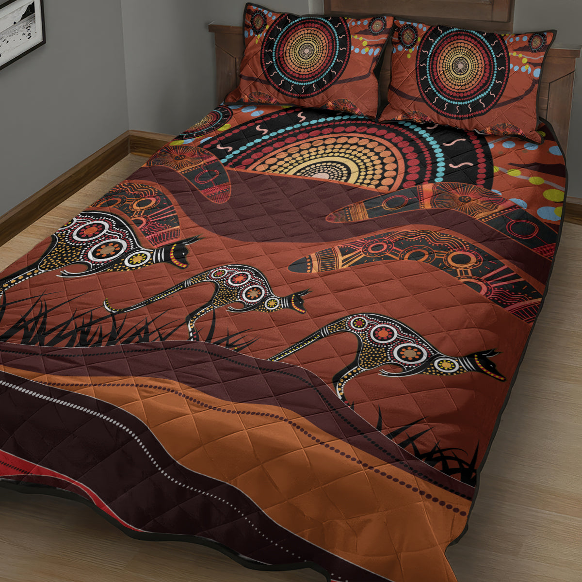 Bomerang and Kangaroo Aboriginal Art Quilt Bed Set