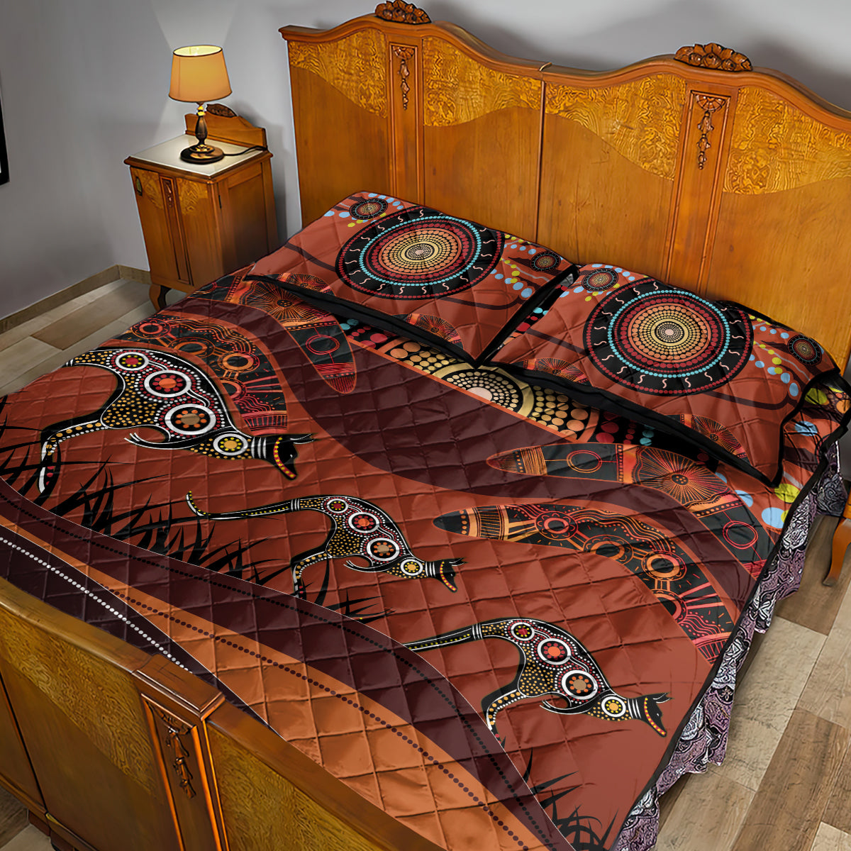 Bomerang and Kangaroo Aboriginal Art Quilt Bed Set