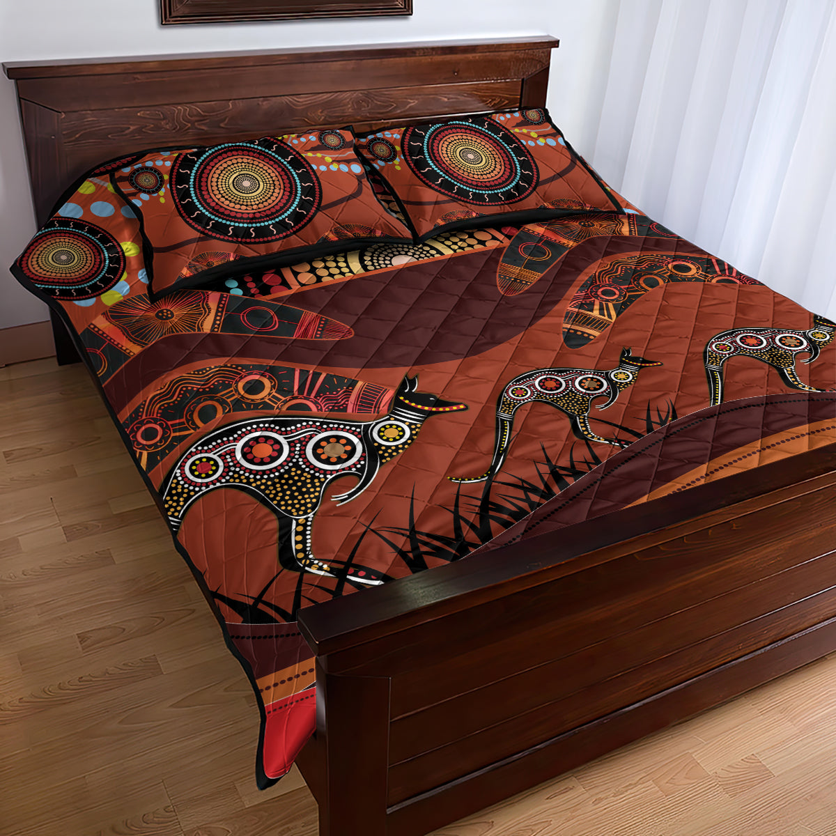 Bomerang and Kangaroo Aboriginal Art Quilt Bed Set