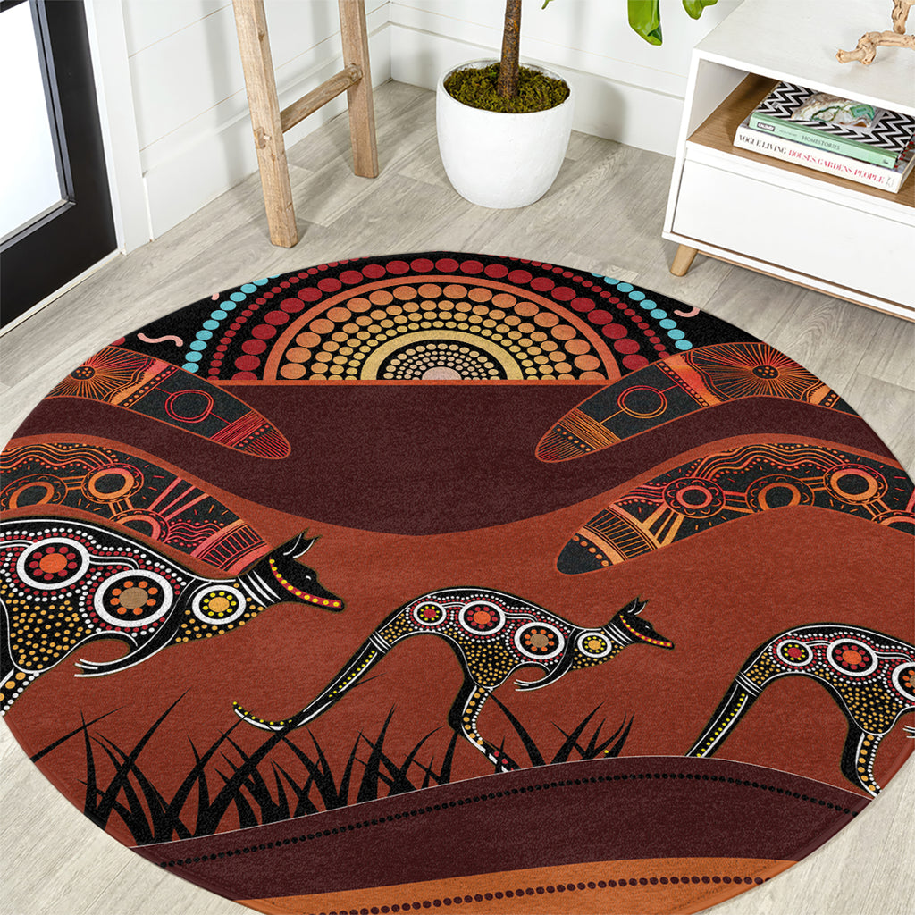 Bomerang and Kangaroo Aboriginal Art Round Carpet