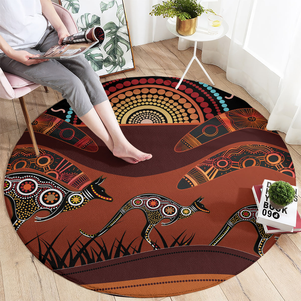 Bomerang and Kangaroo Aboriginal Art Round Carpet