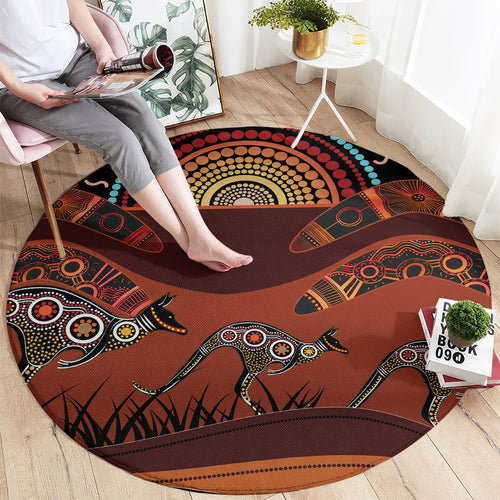 Bomerang and Kangaroo Aboriginal Art Round Carpet