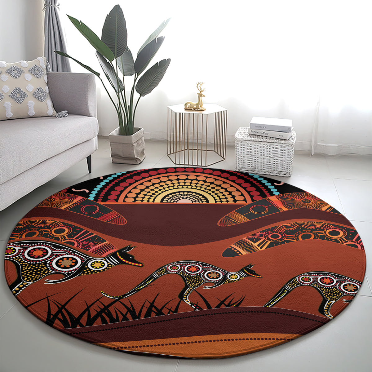 Bomerang and Kangaroo Aboriginal Art Round Carpet