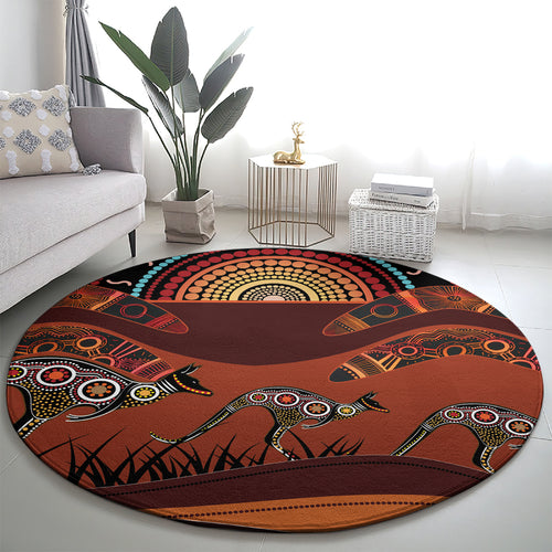 Bomerang and Kangaroo Aboriginal Art Round Carpet