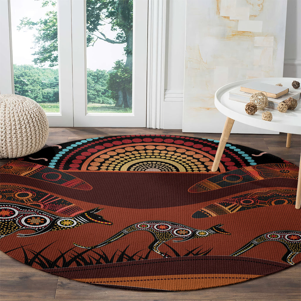 Bomerang and Kangaroo Aboriginal Art Round Carpet