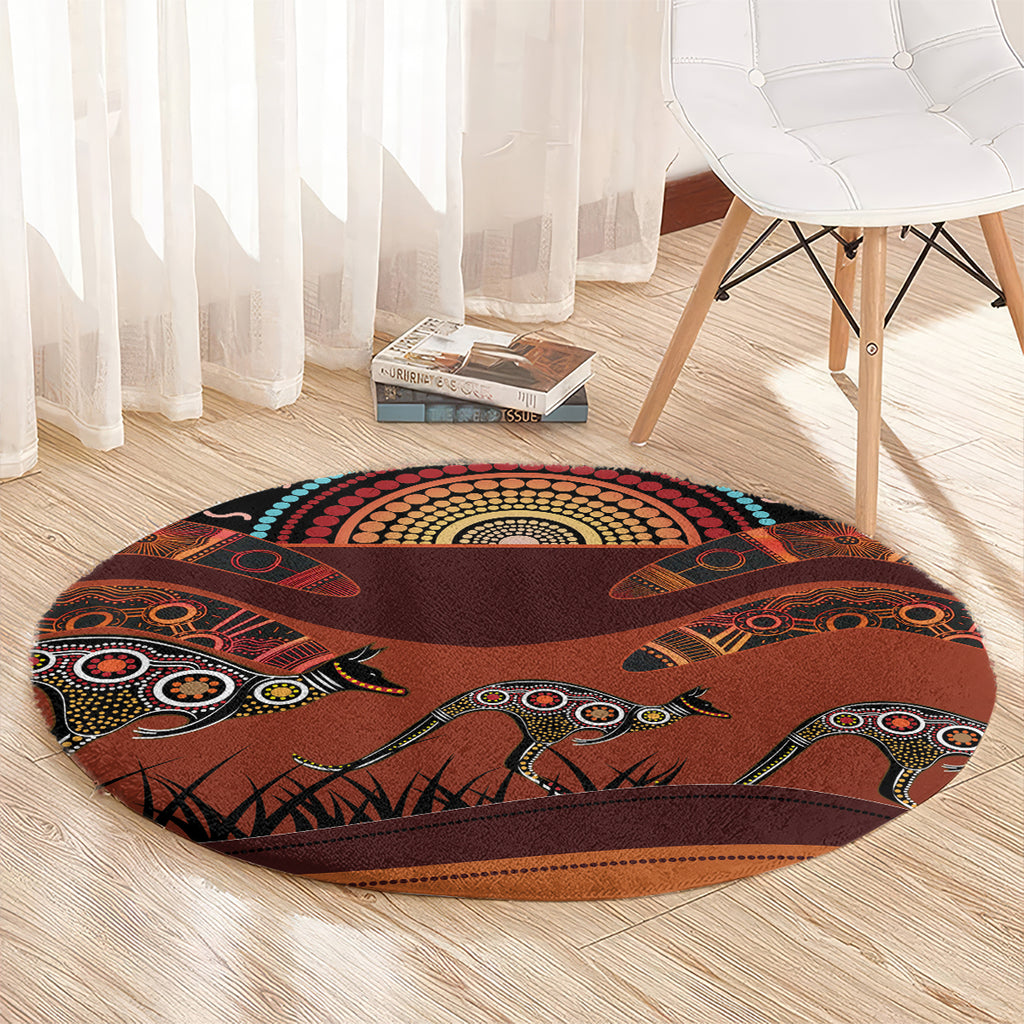 Bomerang and Kangaroo Aboriginal Art Round Carpet