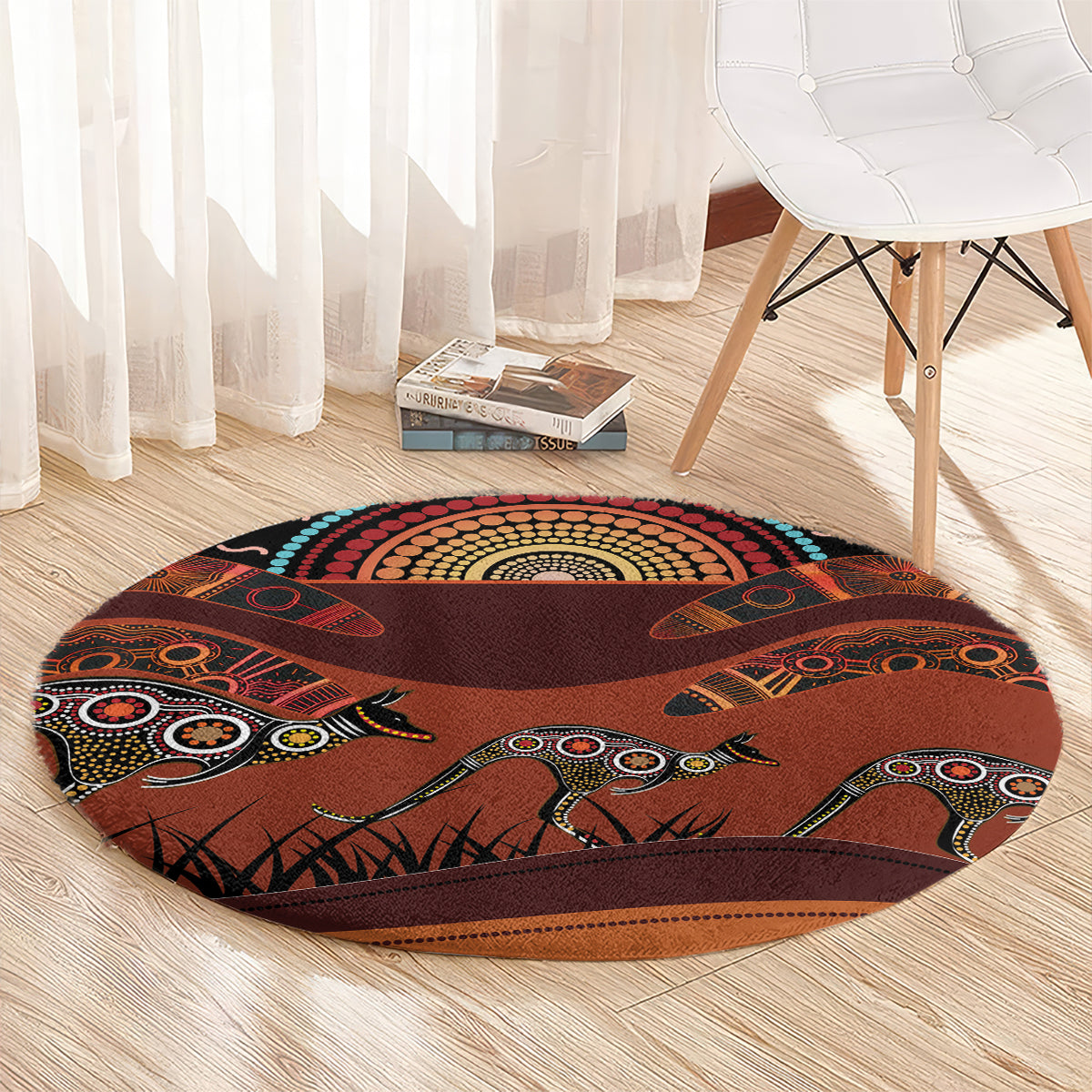 Bomerang and Kangaroo Aboriginal Art Round Carpet