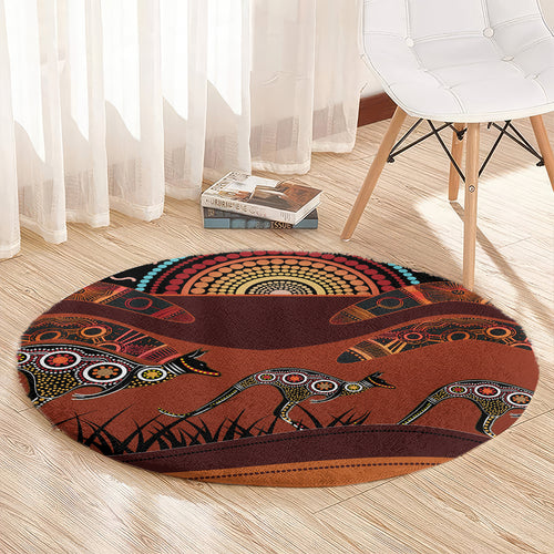Bomerang and Kangaroo Aboriginal Art Round Carpet