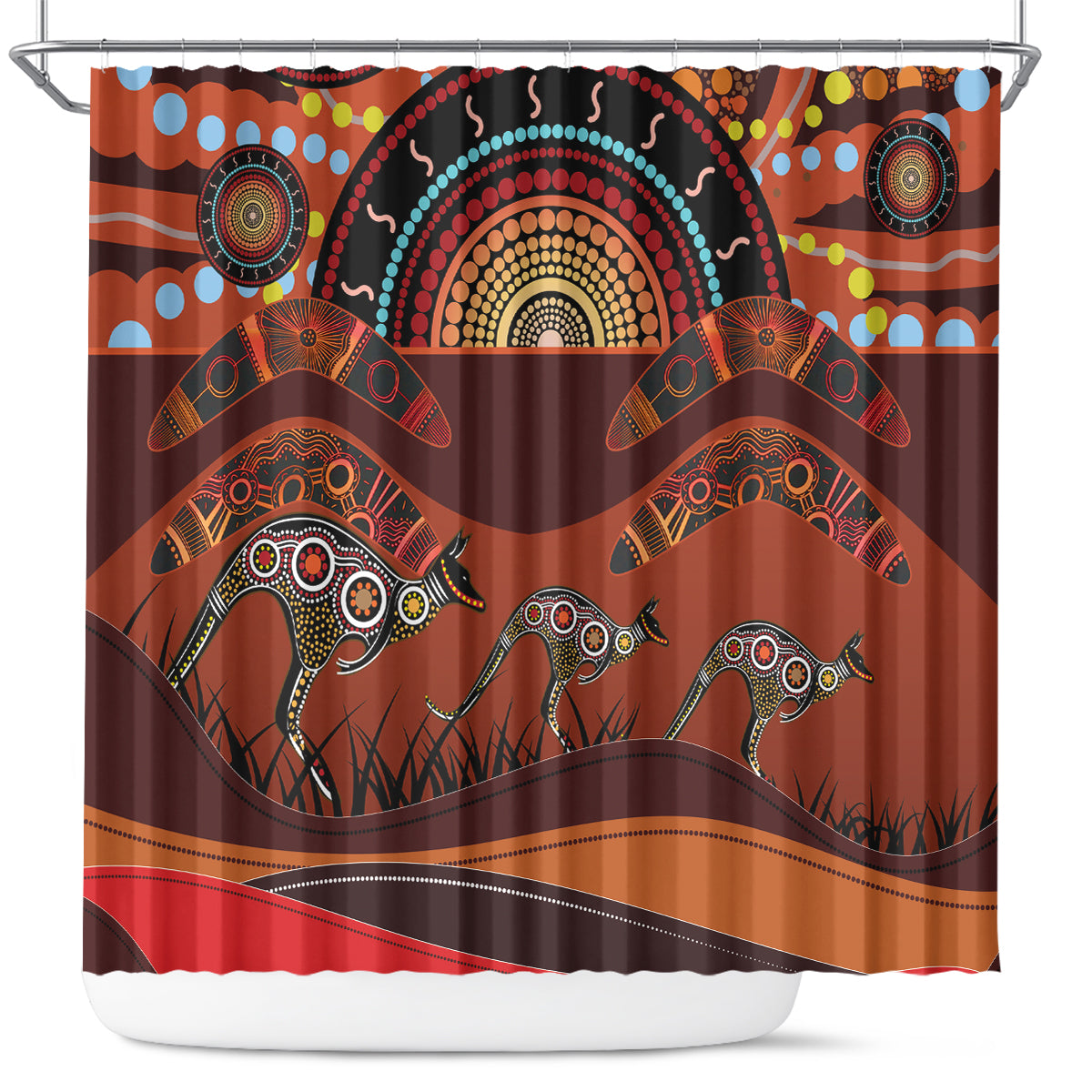Bomerang and Kangaroo Aboriginal Art Shower Curtain
