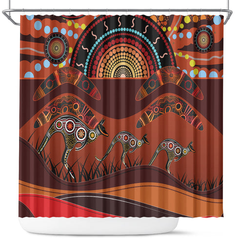Bomerang and Kangaroo Aboriginal Art Shower Curtain