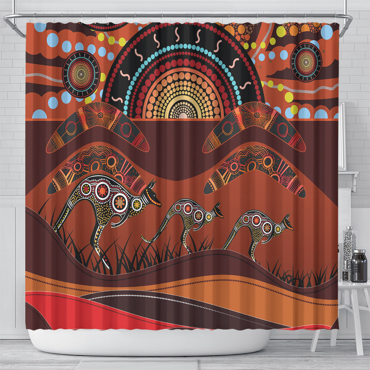 Bomerang and Kangaroo Aboriginal Art Shower Curtain
