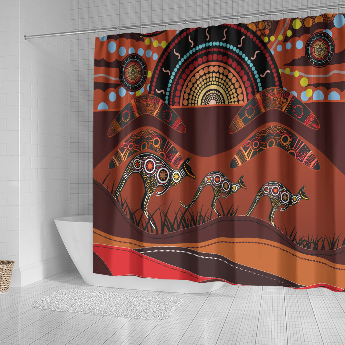 Bomerang and Kangaroo Aboriginal Art Shower Curtain