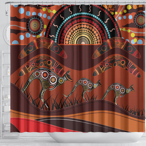 Bomerang and Kangaroo Aboriginal Art Shower Curtain