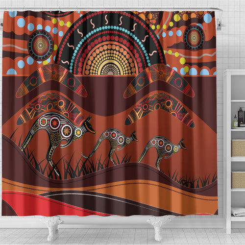 Bomerang and Kangaroo Aboriginal Art Shower Curtain