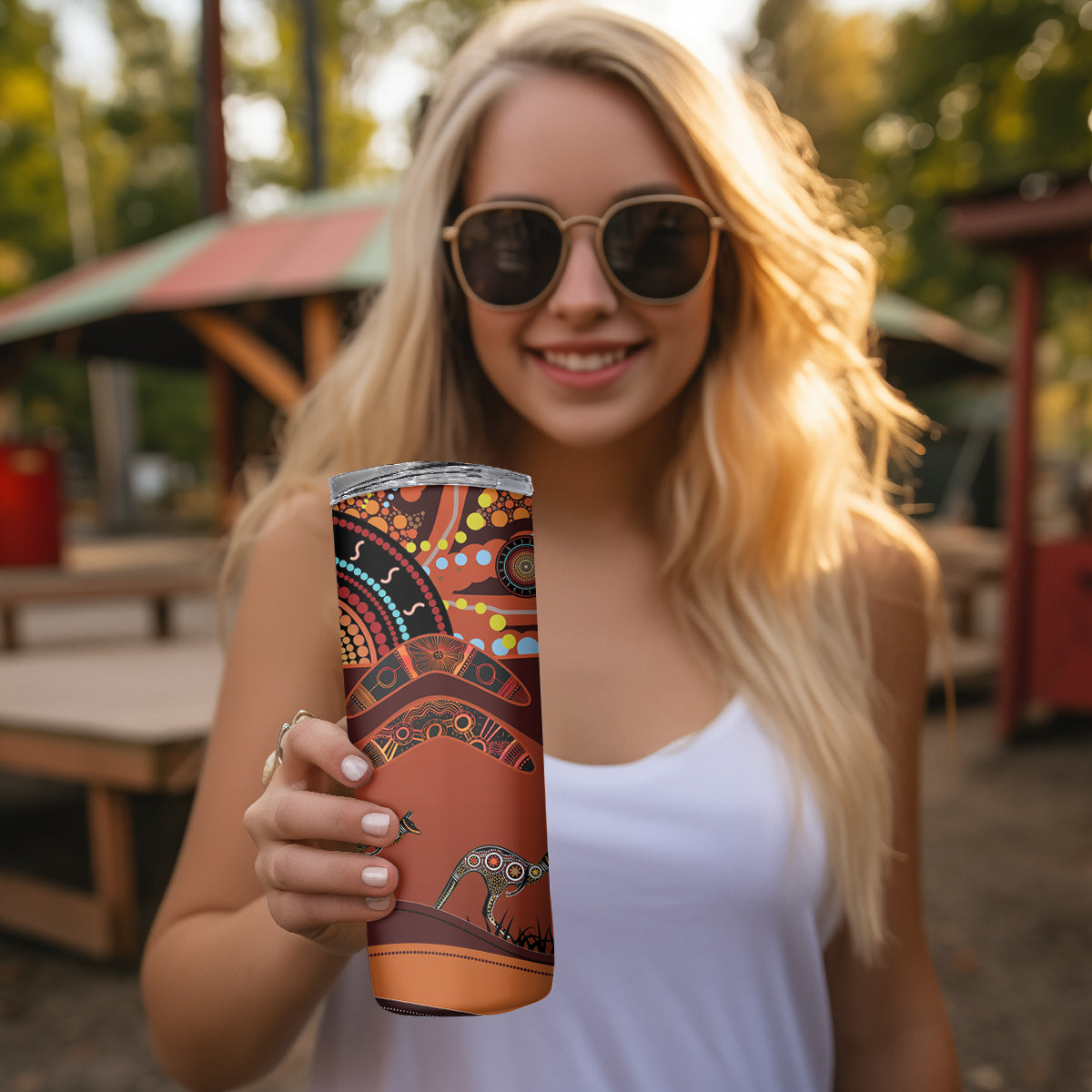 Bomerang and Kangaroo Aboriginal Art Skinny Tumbler