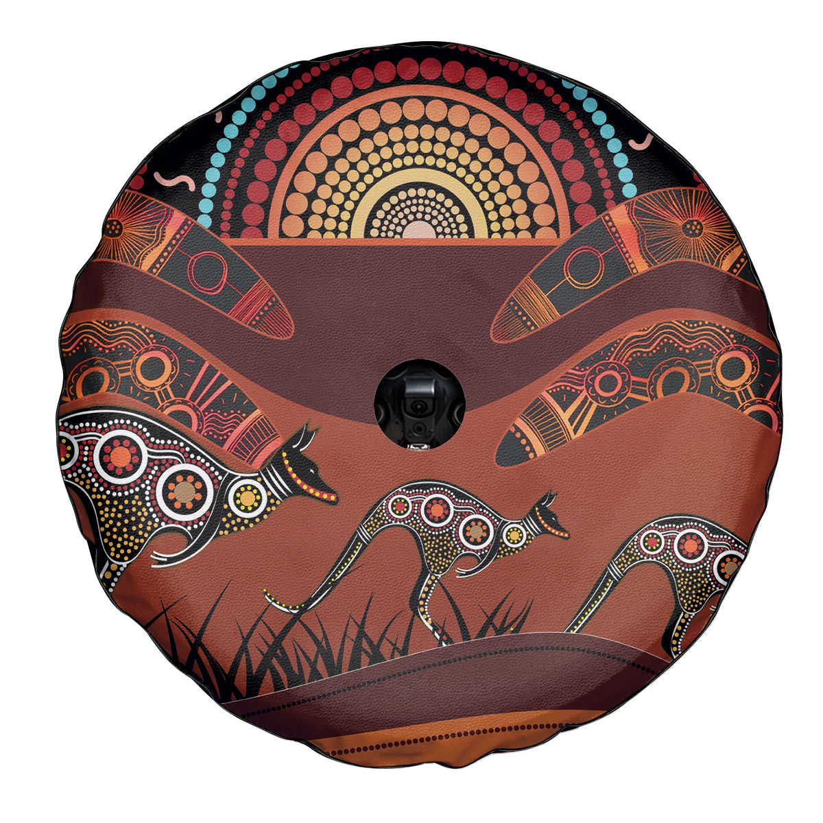 Bomerang and Kangaroo Aboriginal Art Spare Tire Cover