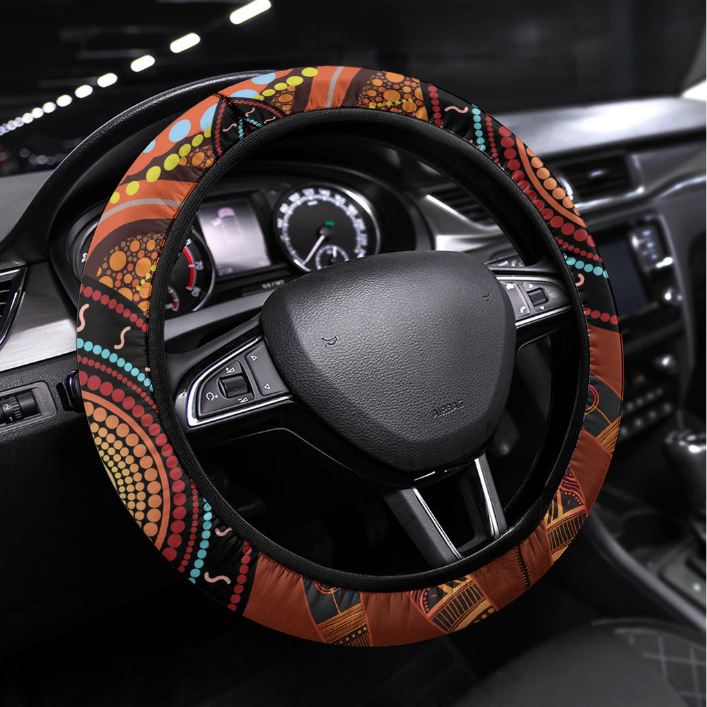 Bomerang and Kangaroo Aboriginal Art Steering Wheel Cover