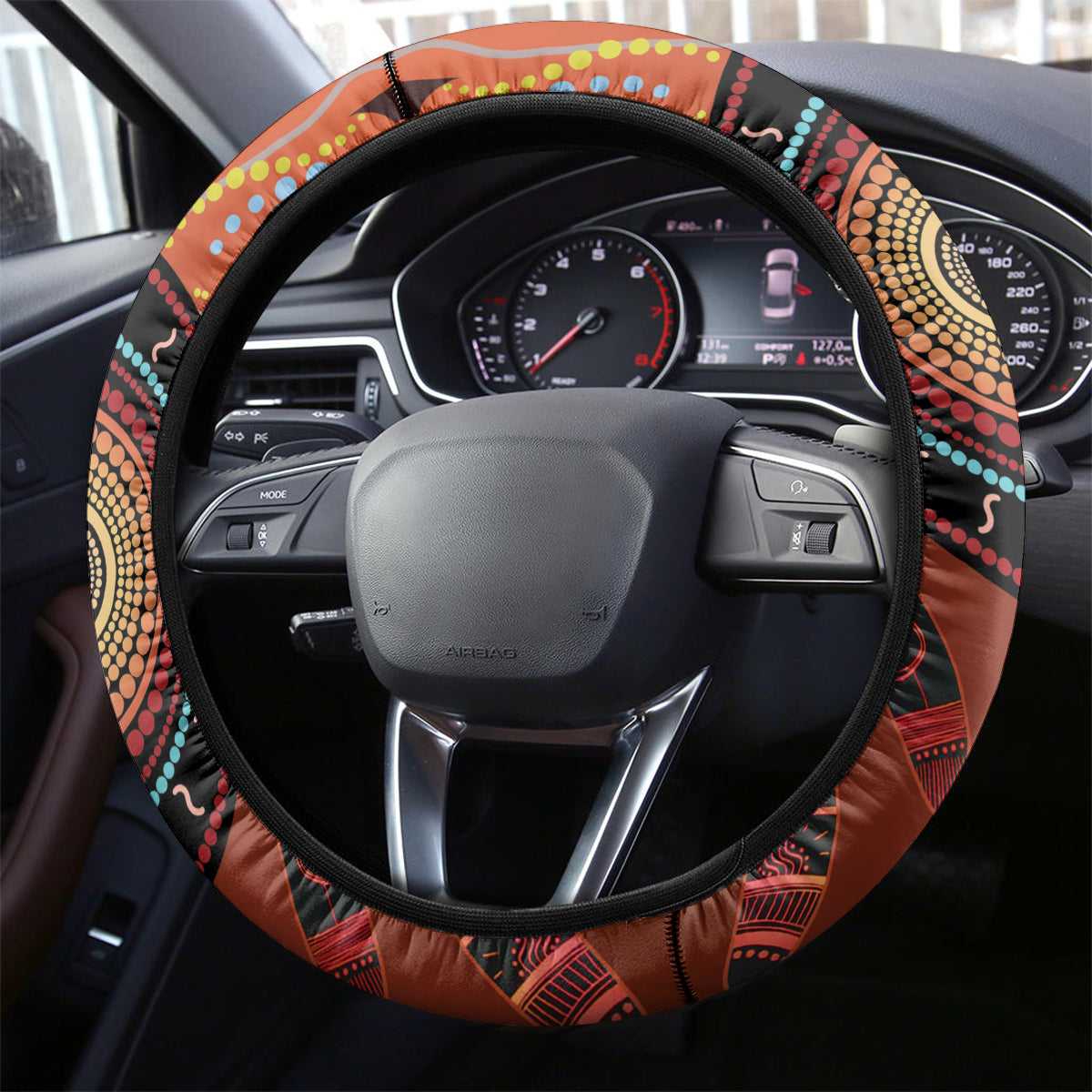Bomerang and Kangaroo Aboriginal Art Steering Wheel Cover