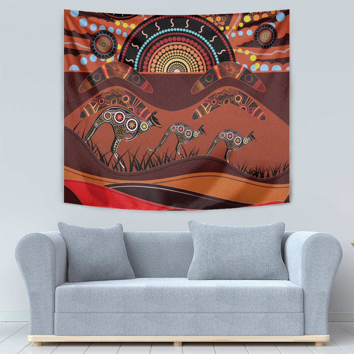 Bomerang and Kangaroo Aboriginal Art Tapestry