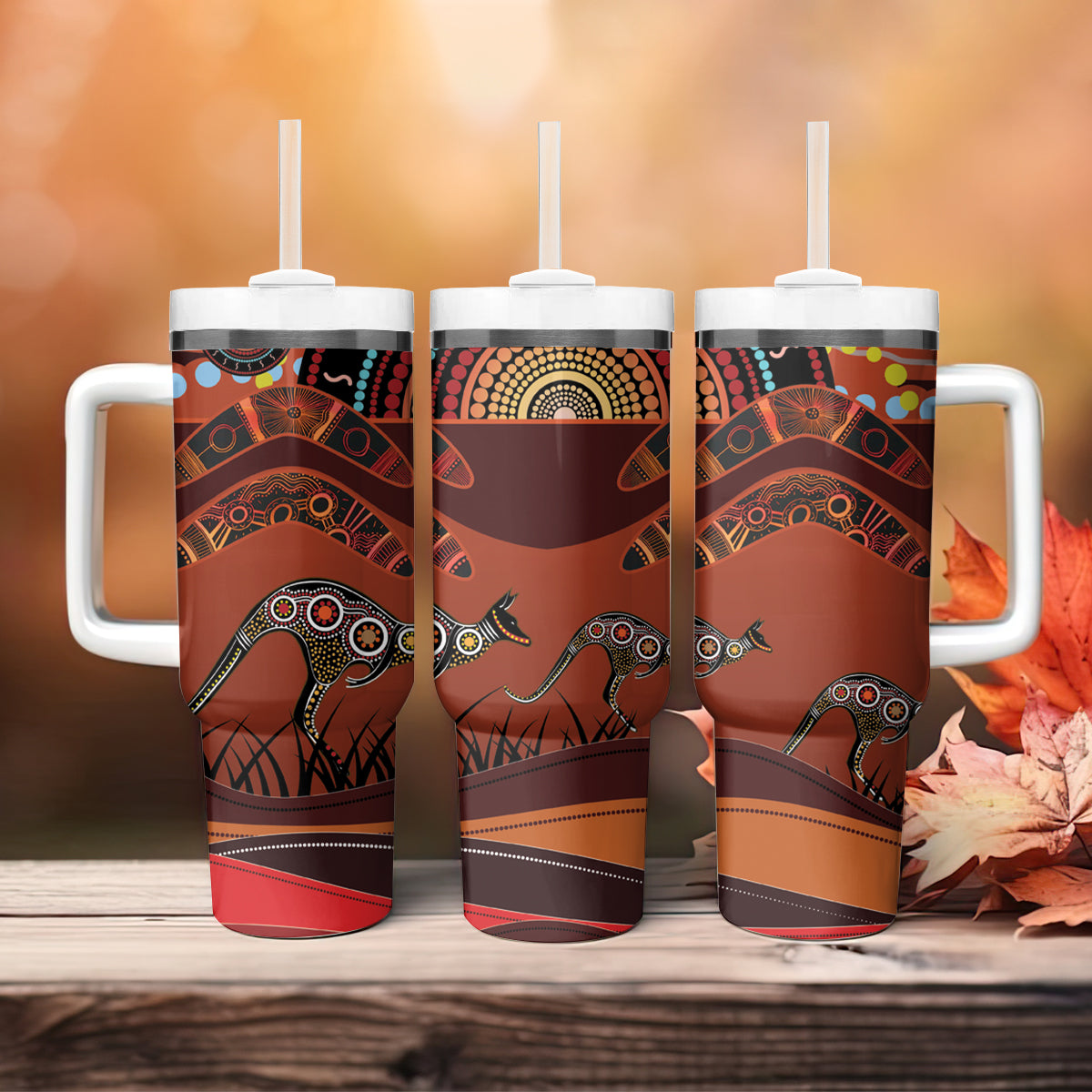 Bomerang and Kangaroo Aboriginal Art Tumbler With Handle
