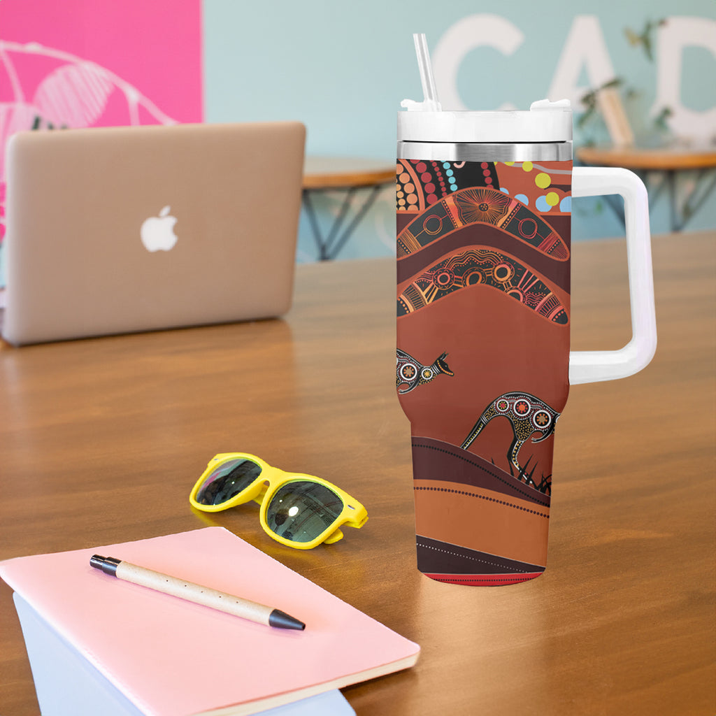 Bomerang and Kangaroo Aboriginal Art Tumbler With Handle
