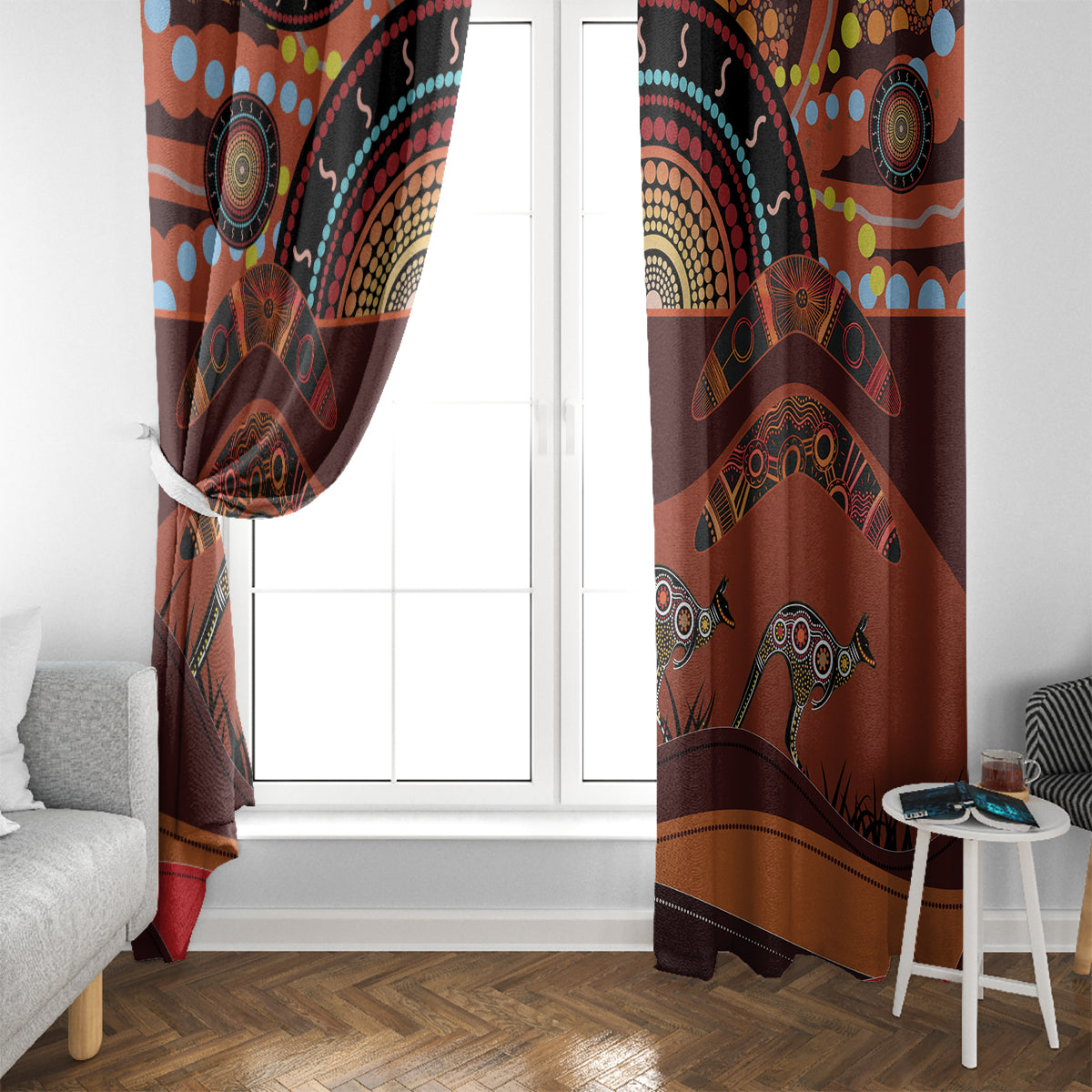 Bomerang and Kangaroo Aboriginal Art Window Curtain