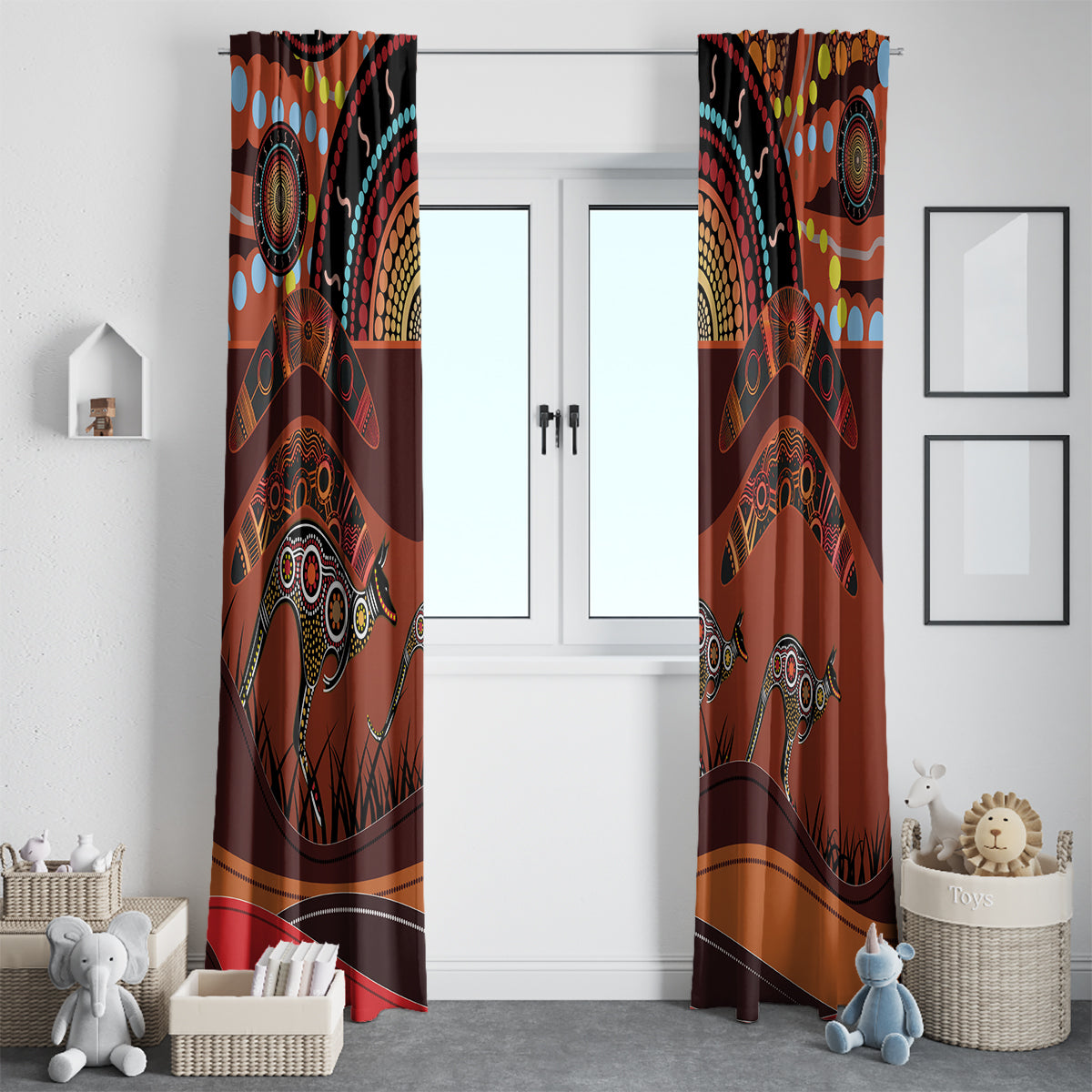 Bomerang and Kangaroo Aboriginal Art Window Curtain