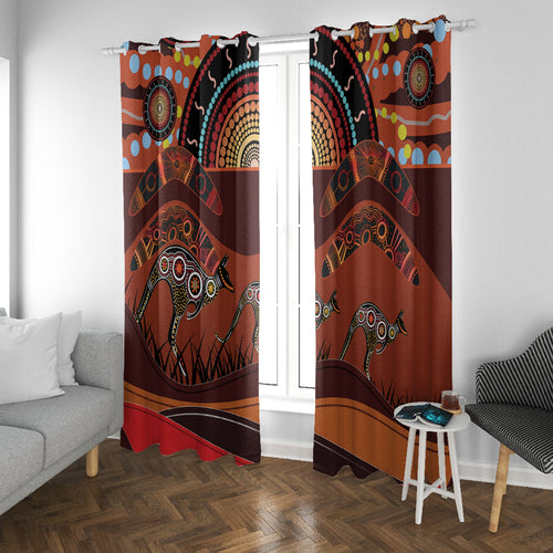 Bomerang and Kangaroo Aboriginal Art Window Curtain