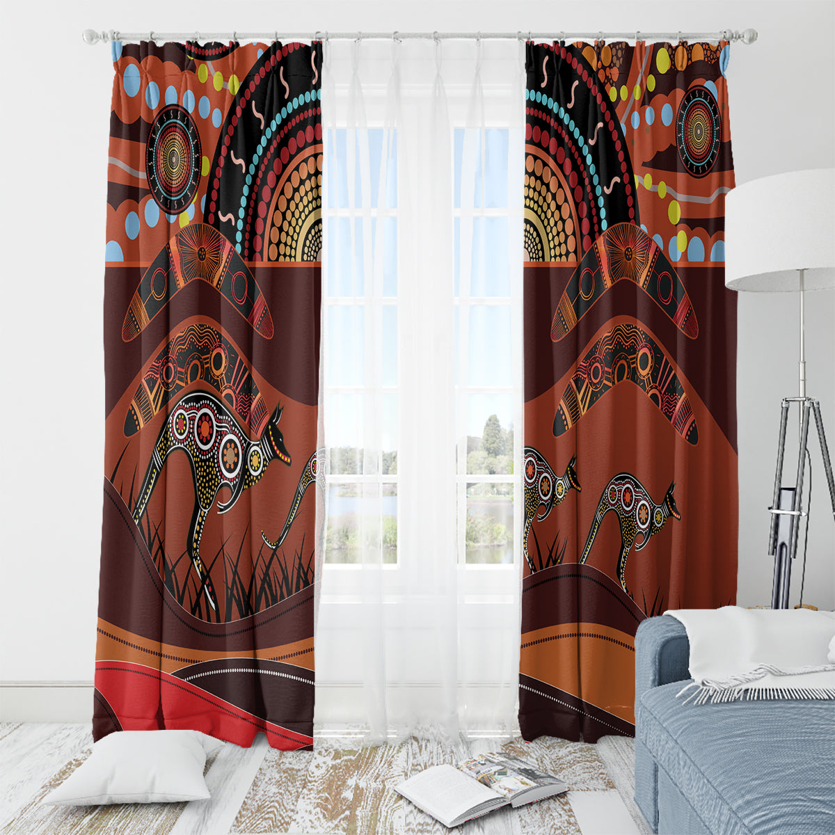 Bomerang and Kangaroo Aboriginal Art Window Curtain