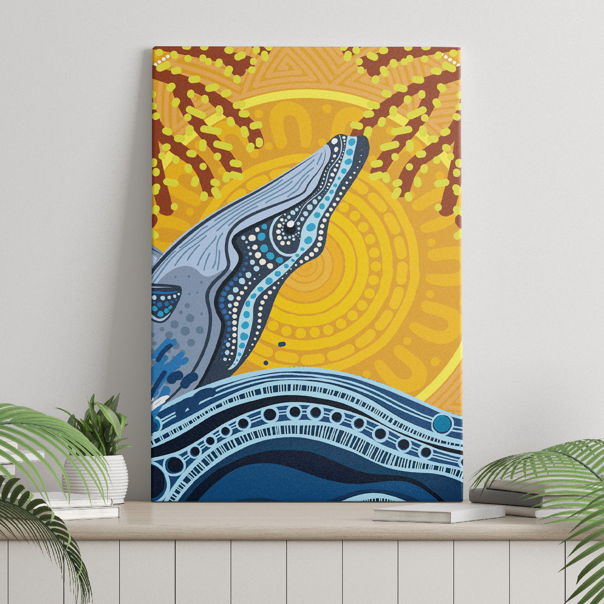 Whale In The Ocean Aboriginal Dot Art Canvas Wall Art No2