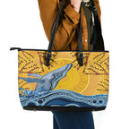 Whale In The Ocean Aboriginal Dot Art Leather Tote Bag No2
