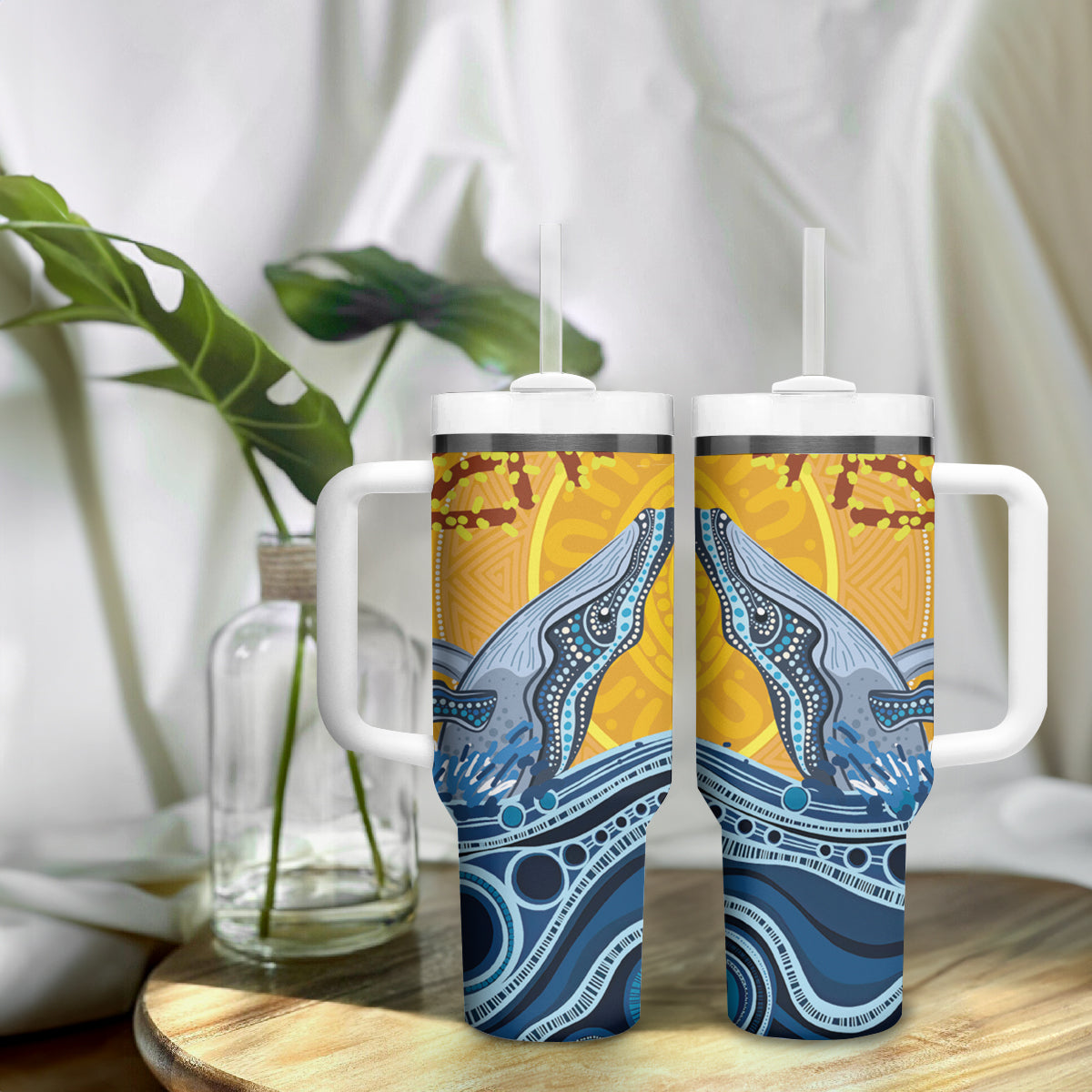 Whale In The Ocean Aboriginal Dot Art Tumbler With Handle No2