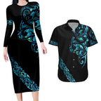 All Black Maori Tribal Tattoo Personalised Couples Matching Long Sleeve Bodycon Dress and Hawaiian Shirt Polynesian Style