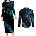 All Black Maori Tribal Tattoo Personalised Couples Matching Long Sleeve Bodycon Dress and Long Sleeve Button Shirt Polynesian Style